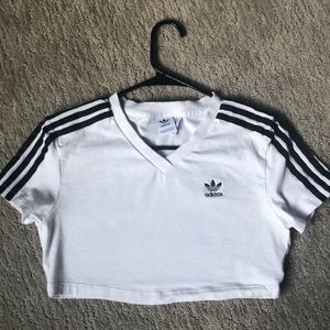 White Adidas crop top with stripes on shoulders